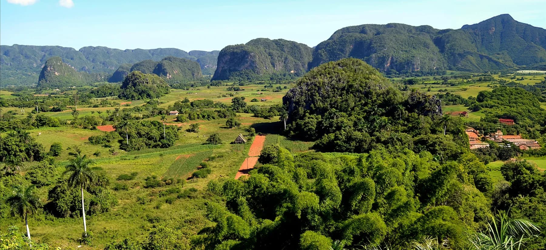 Mogotes y campos verdes en el valle de Viñales, Cuba