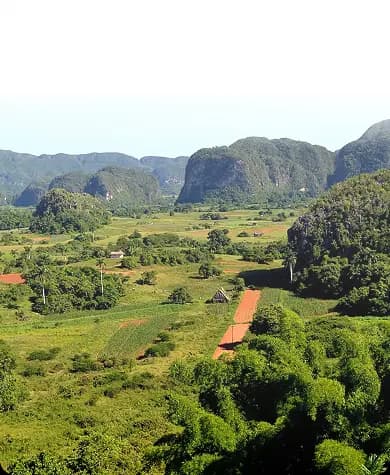 Mogotes y campos verdes en el valle de Viñales, Cuba